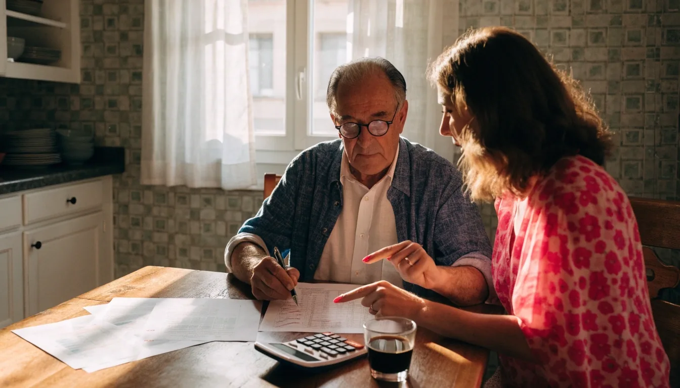 Mujer revisando su documentación de cotización en casa con ayuda de un familiar