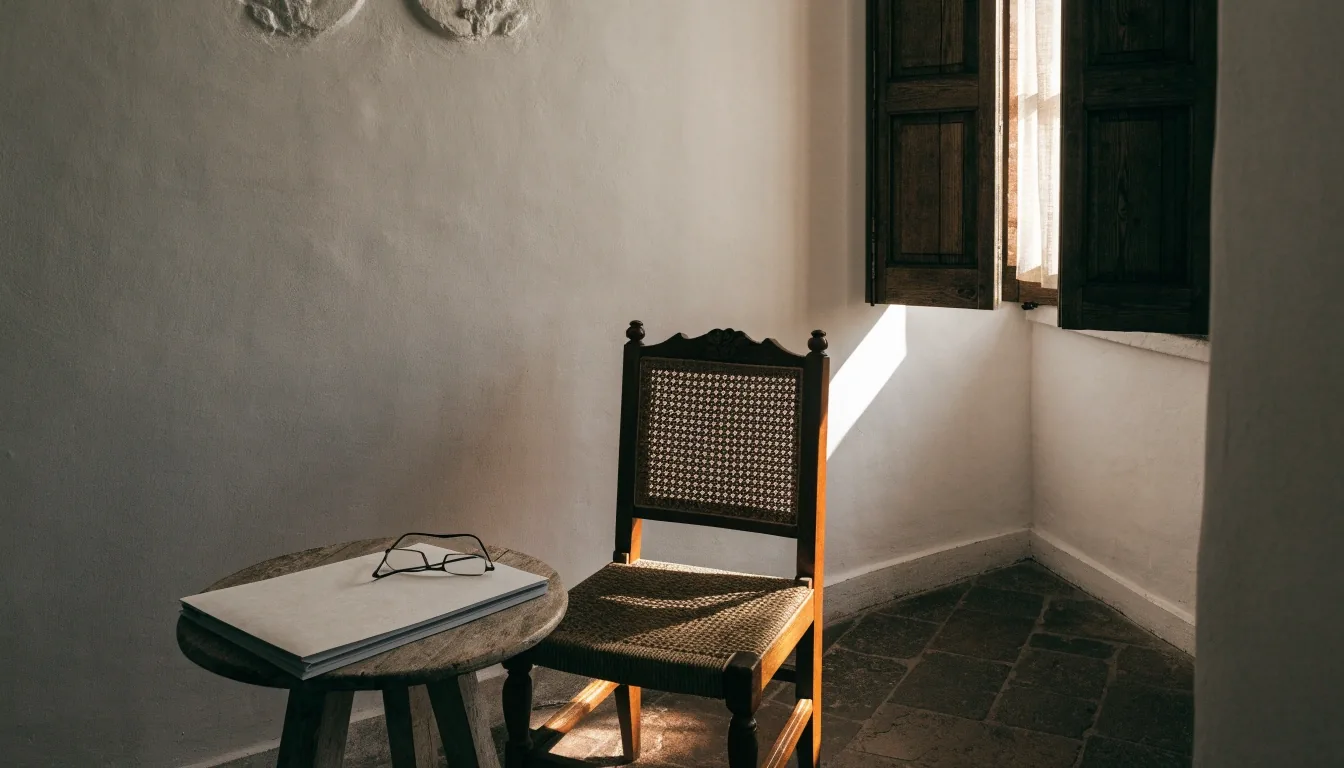 Sala de consultas en calma en la oficina de Sevilla, con mesa, sillas y luz de tarde