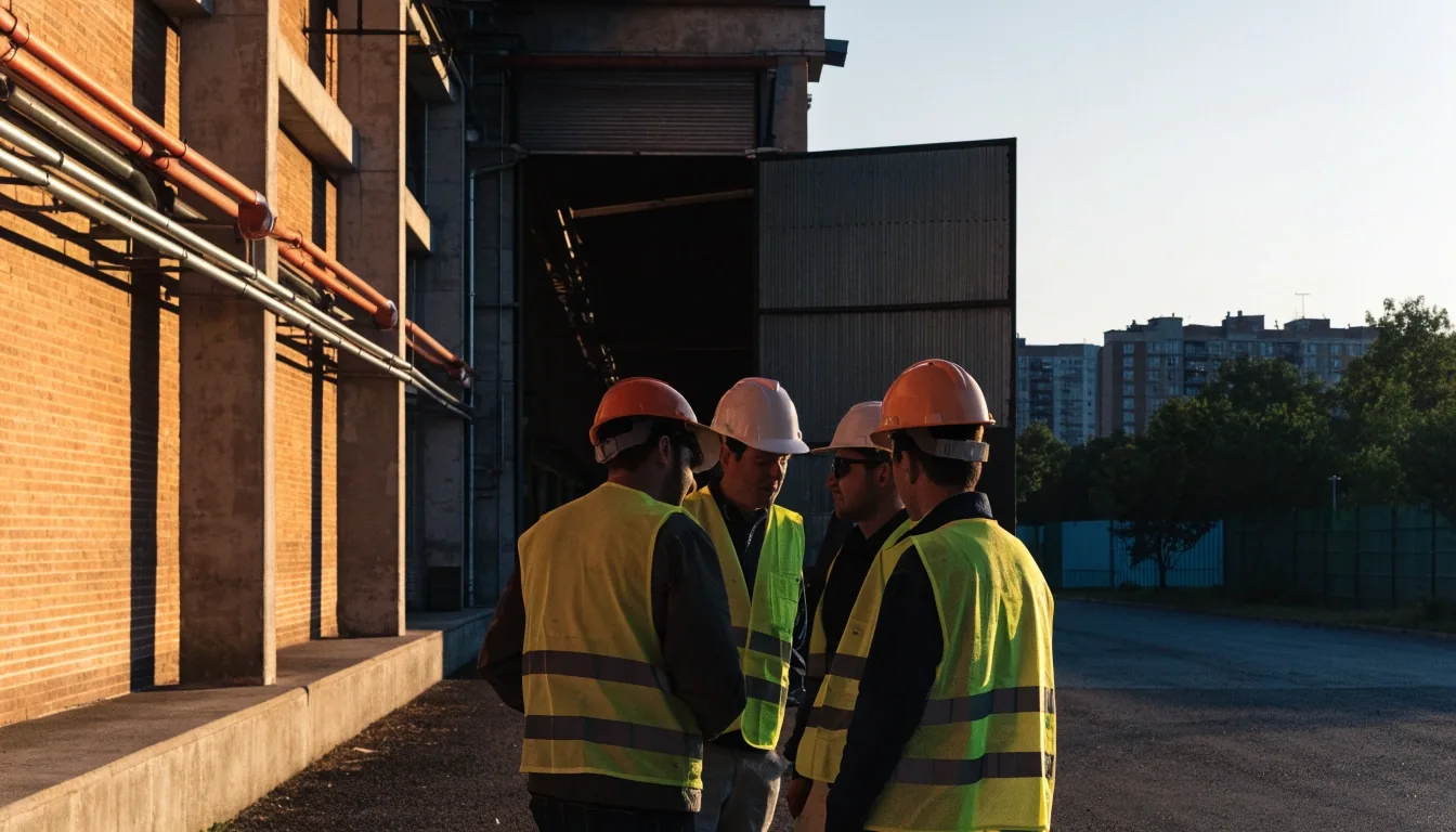 Trabajadores conversando a la puerta de una nave industrial en Sevilla al atardecer