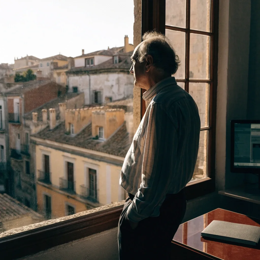 Un hombre observa desde una ventana de su oficina en Sevilla el casco antiguo al atardecer