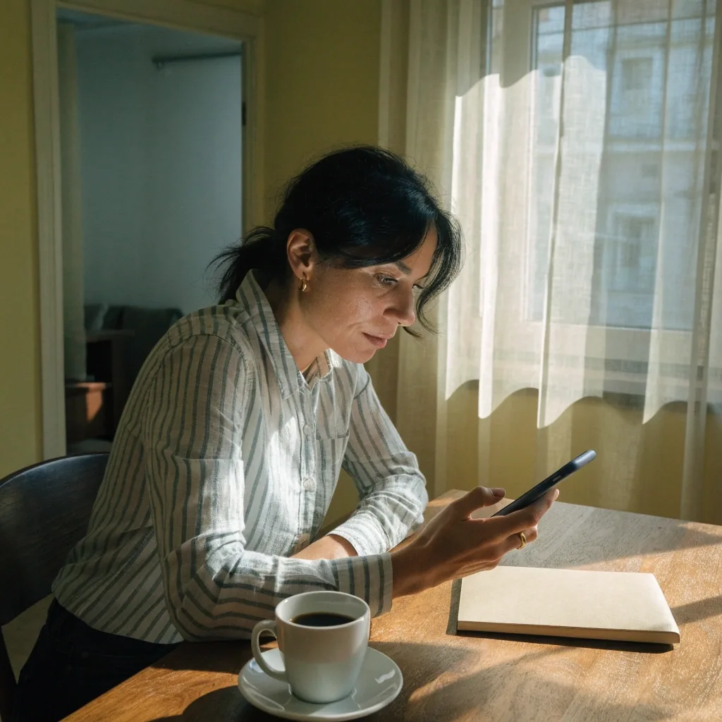 Persona revisando en su teléfono la información legal de un sitio web desde una mesa junto a la ventana
