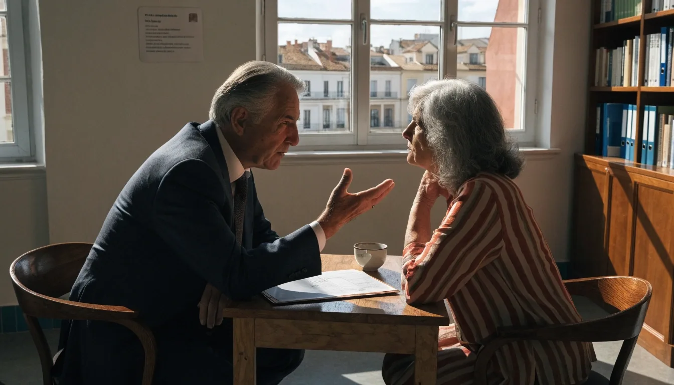 Asesor y cliente en su sesenta comentando las opciones de rescate de un plan de pensiones en una oficina de Sevilla