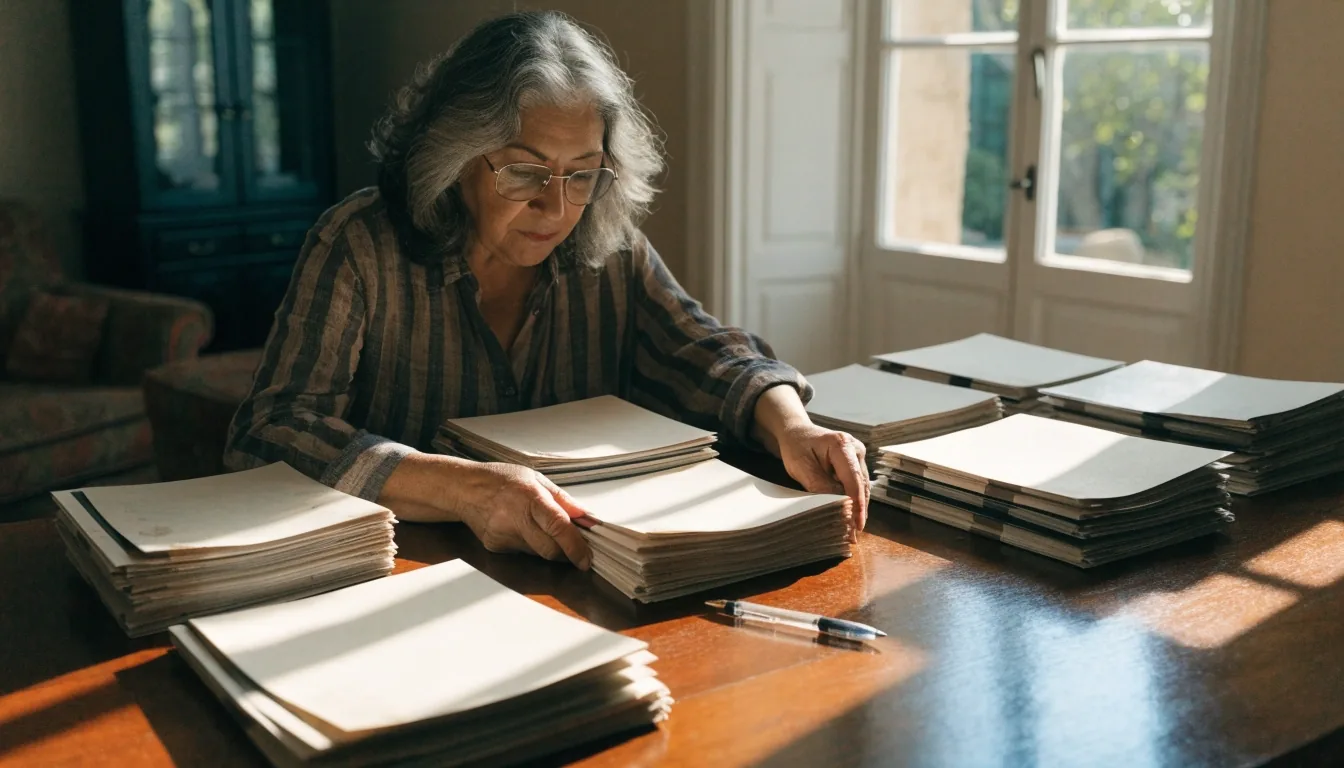 Manos separando documentación de un plan de pensiones sobre una mesa para comparar aportaciones