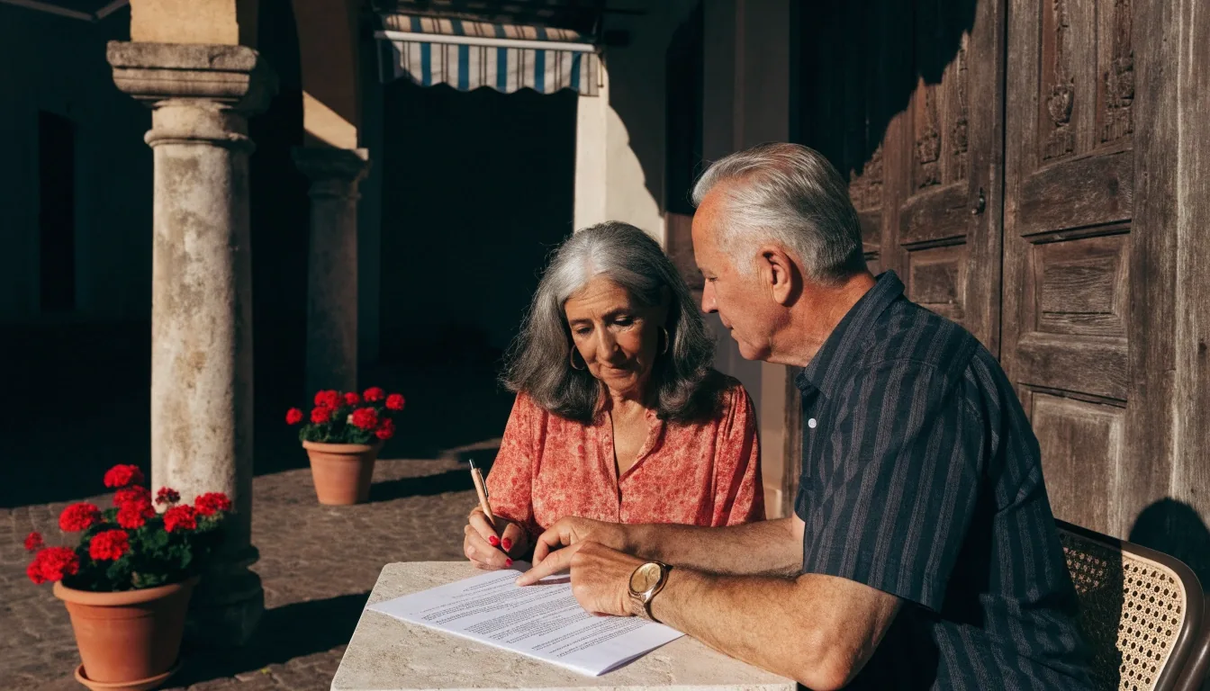Pareja de Sevilla revisando juntos una previsión de ahorro para la jubilación en la cocina de su casa